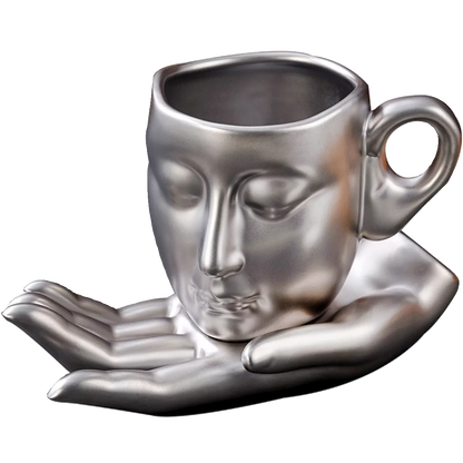 Sculptural Face Mug with Hand Saucer, Vintage Art Coffee Cup