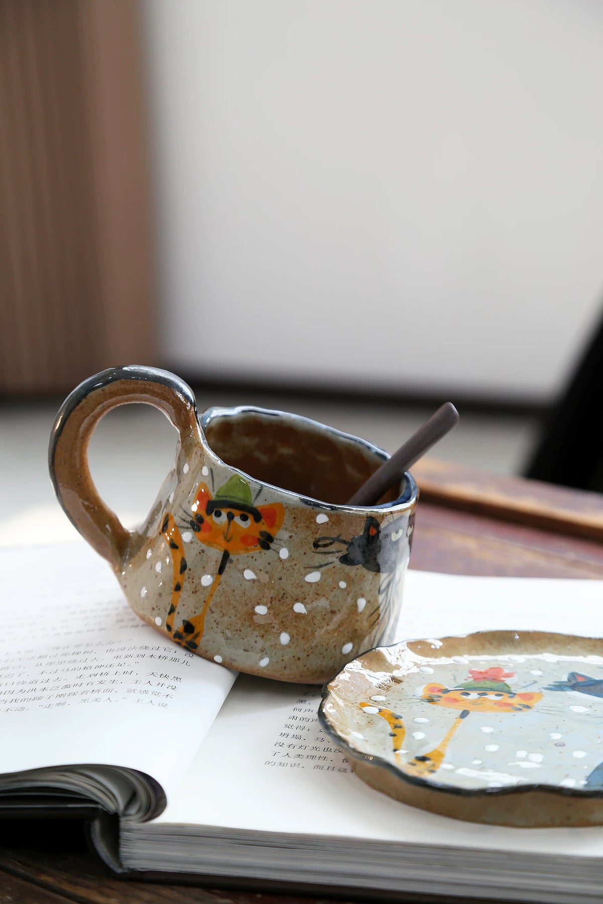 Hand-Painted Three Cats Ceramic Mug & Saucer, Clay Pinch Pottery