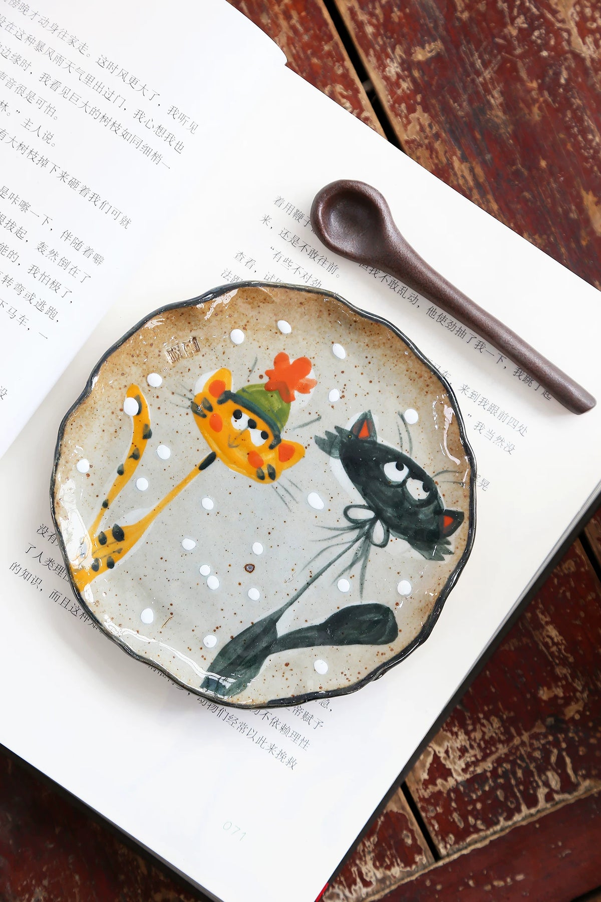 Hand-Painted Three Cats Ceramic Mug & Saucer, Clay Pinch Pottery
