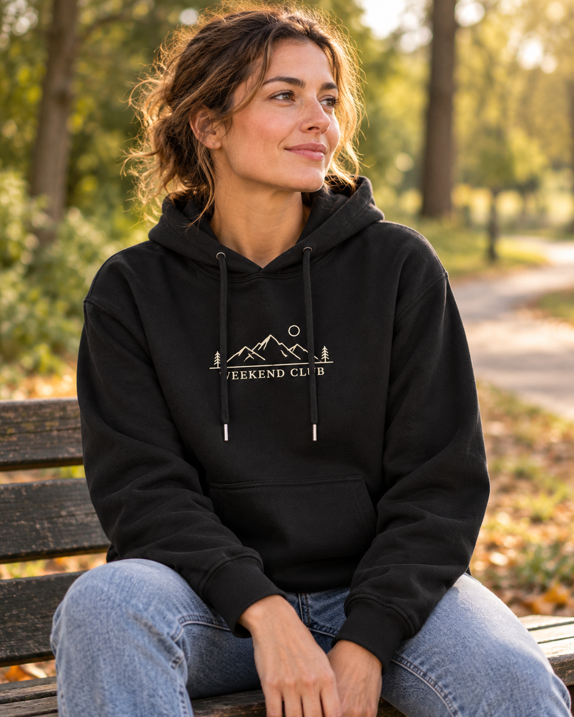 AI-created front-print custom hoodie lifestyle scene; design example, not a customer photo