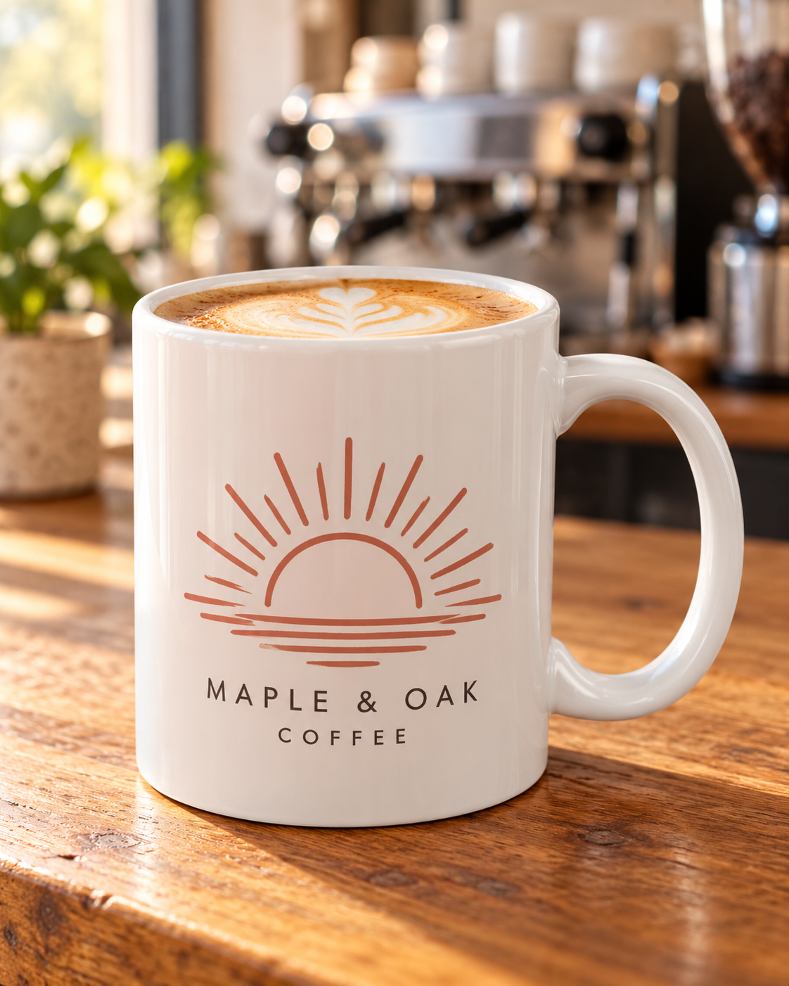 AI-created custom coffee shop logo mug scene; illustrative design example, not a customer photo