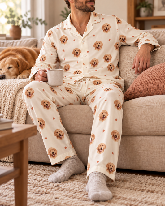 AI-created personalized men's long-sleeve pajama scene; example dog-photo design, not a customer photo