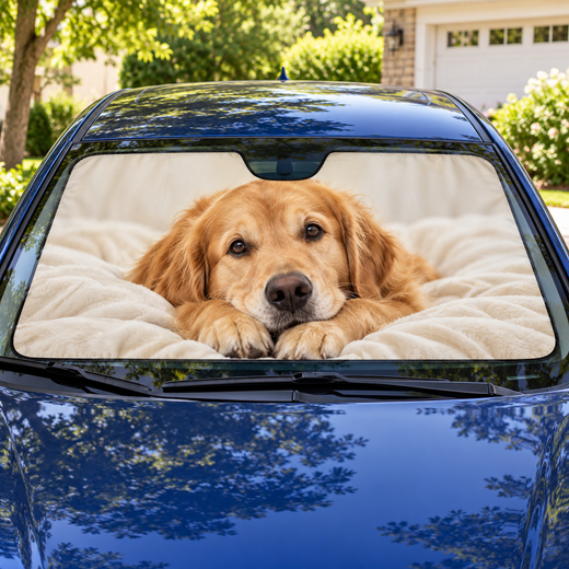 Personalized photo sun shade installed inside a windshield — AI-created customization example