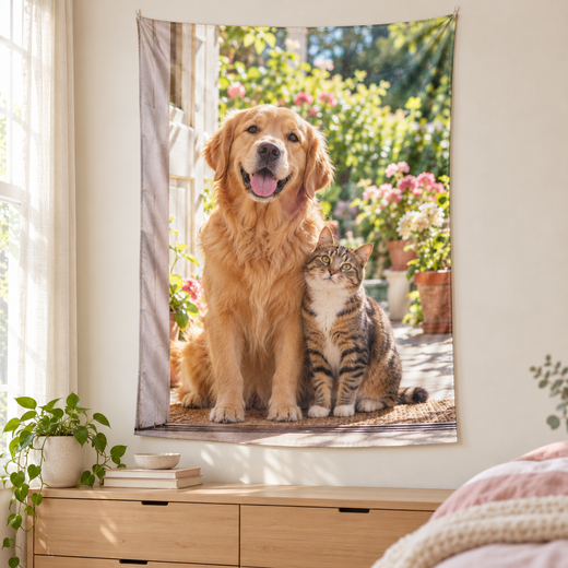 Personalized pet photo wall tapestry — AI-created bedroom customization scene