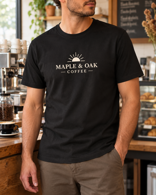 AI-created cafe staff T-shirt customization example, not a customer photo