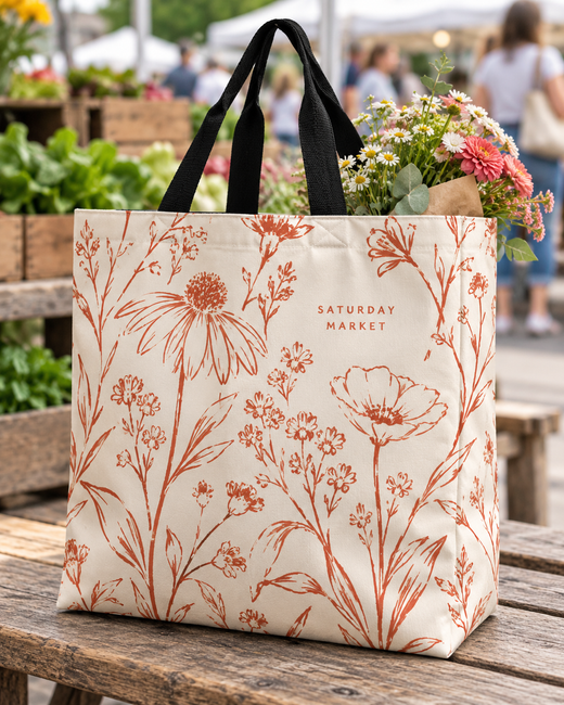 AI-created personalized shopping tote scene at a market, illustrative design; flowers not included