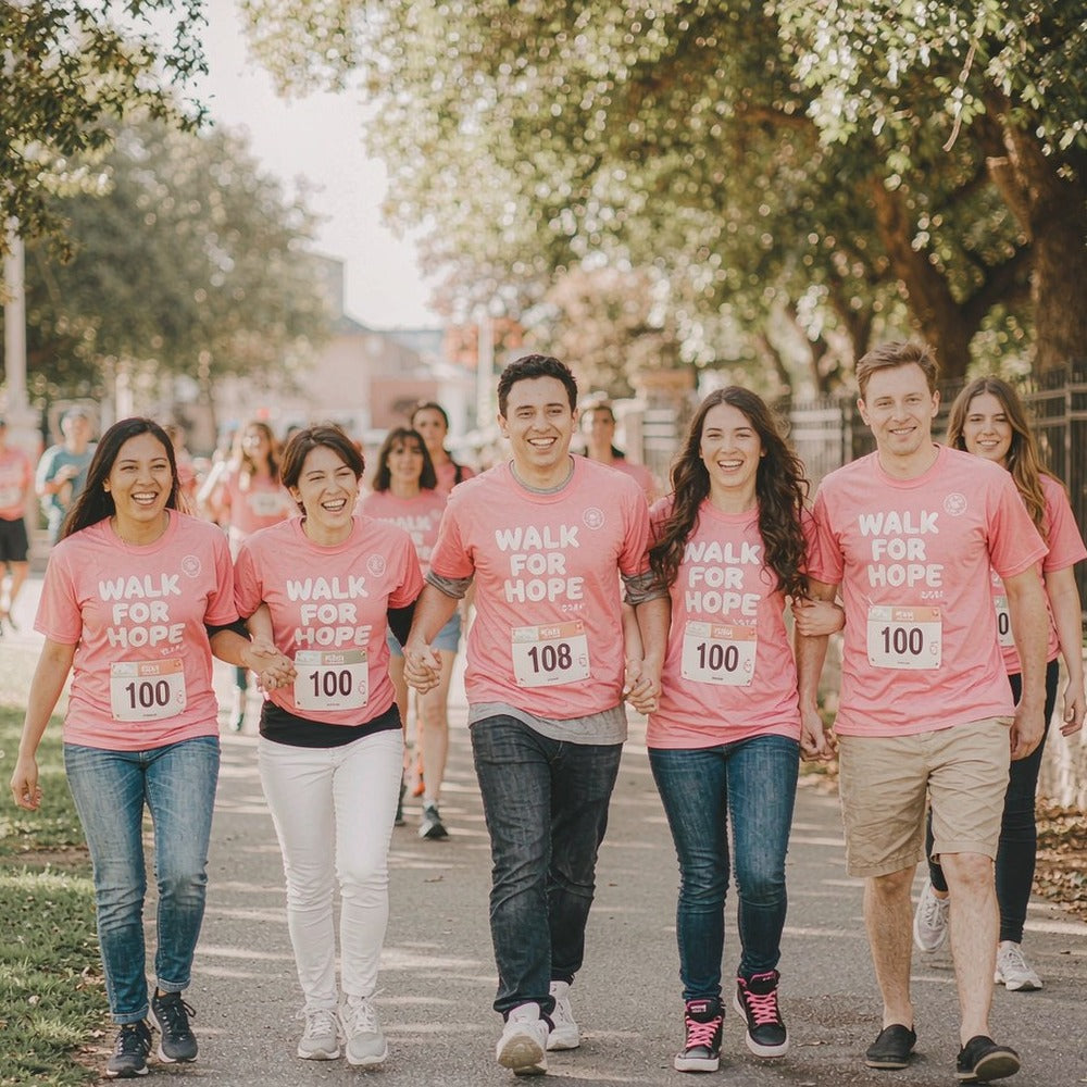 Charity walk participants in matching WALK FOR HOPE custom printed tees