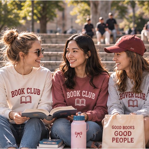 Book club friends in matching custom printed tees around a table