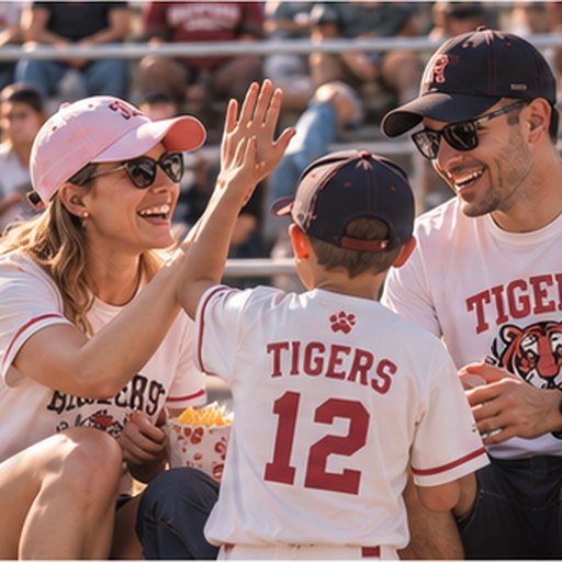 Family in matching TIGERS custom printed tees and caps at a baseball game