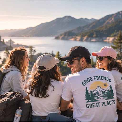 Friends reunited in matching custom printed tees by a lake at sunset