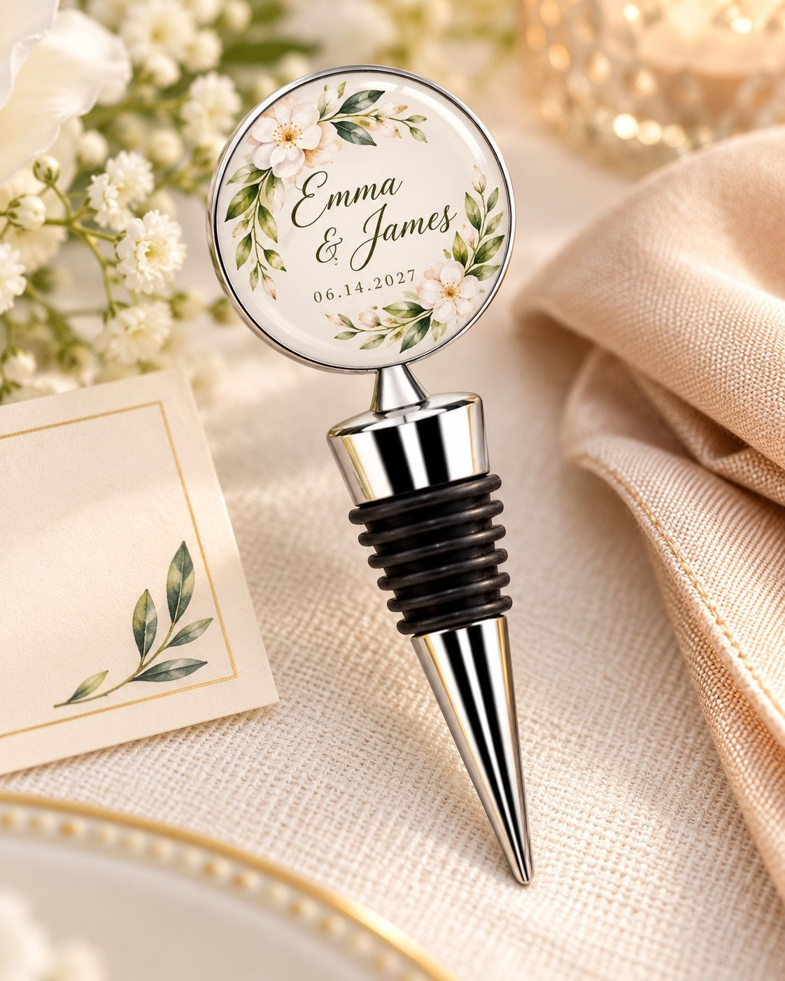 Wedding Wine Stopper | Custom Couple Gift — Turn a couple portrait, names or wedding date into a personal wedding favor or thank-you gift.