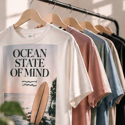 Printed garments on a rail, ready to ship