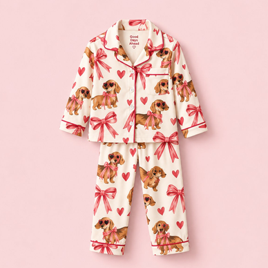 Pajamas — dachshund bow all-over print pyjama set